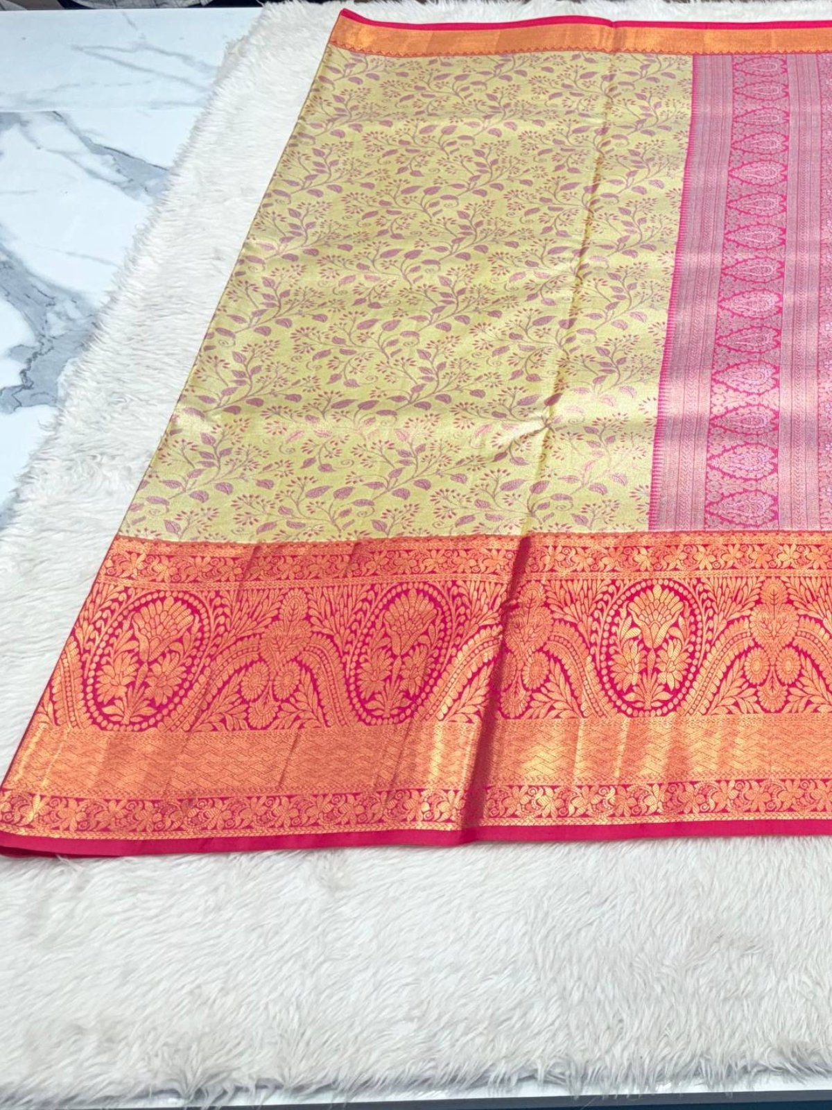 Pastel Green & Pink Kanchipuram Silk Saree with Rich Gold Zari Border - Image 2