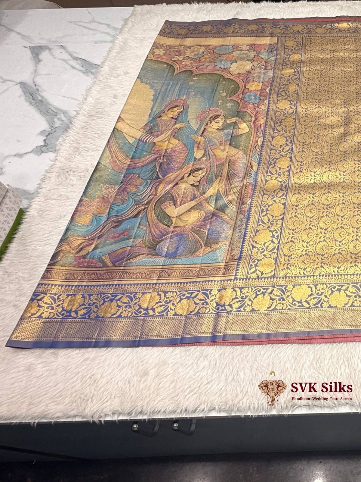 Elegant Digital Printed Silk Blend Saree with Traditional Art Pallu and Zari Border - Image 2