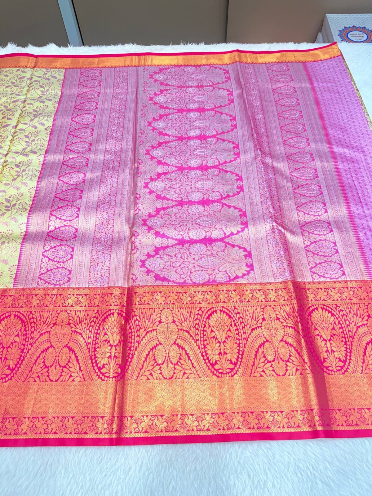 Pastel Green & Pink Kanchipuram Silk Saree with Rich Gold Zari Border - Image 3