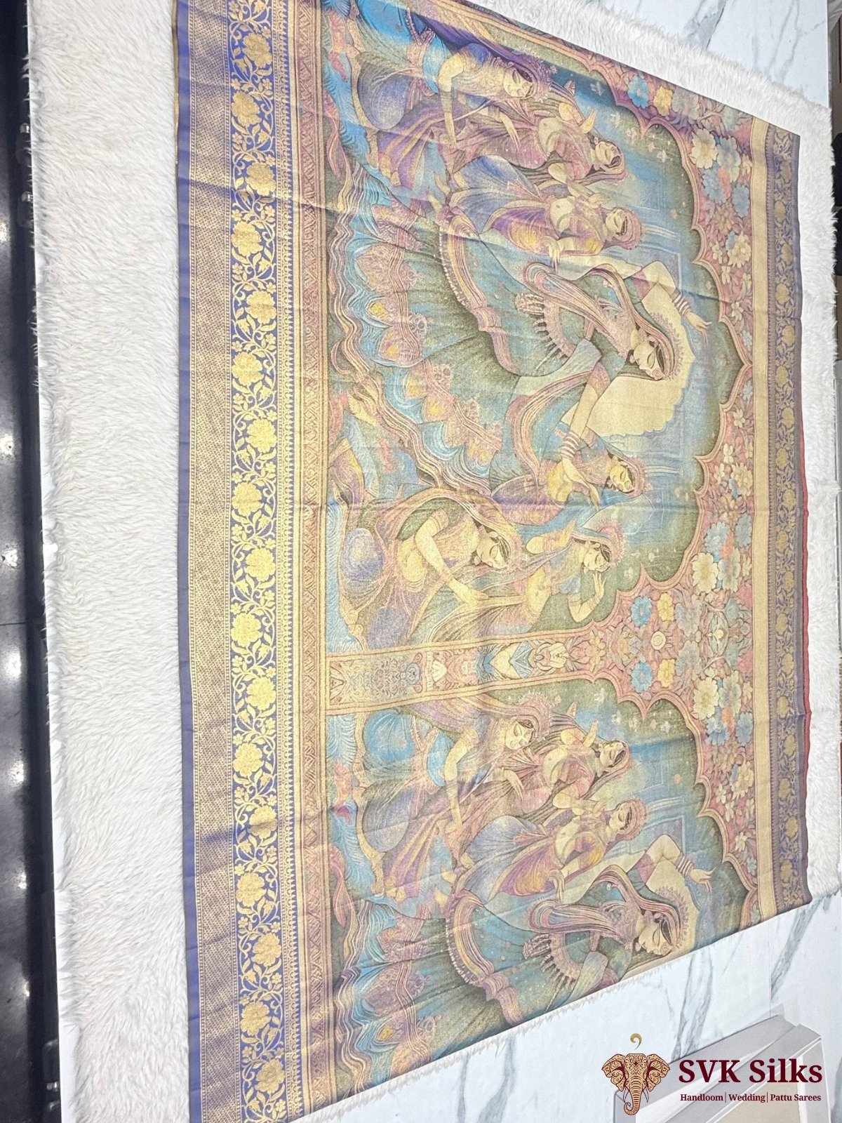 Elegant Digital Printed Silk Blend Saree with Traditional Art Pallu and Zari Border - Image 4